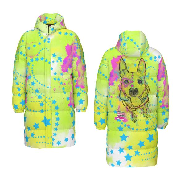 Warme Wintermantel mit Hundemotiv Amy3– Popart Hundemotiv, 90% Daunen, 10% Federn, bunt, stylisch, AmStaff, Staff, Staffordshire, Pitbull, Pit, Soka, Größe XS- 4XL